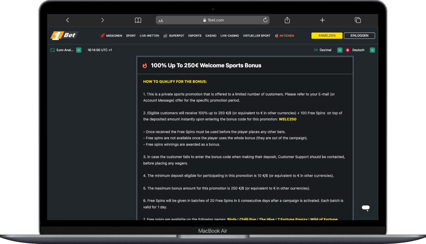 1bet Wettbonus Schweiz 250 Euro 100 Freespins