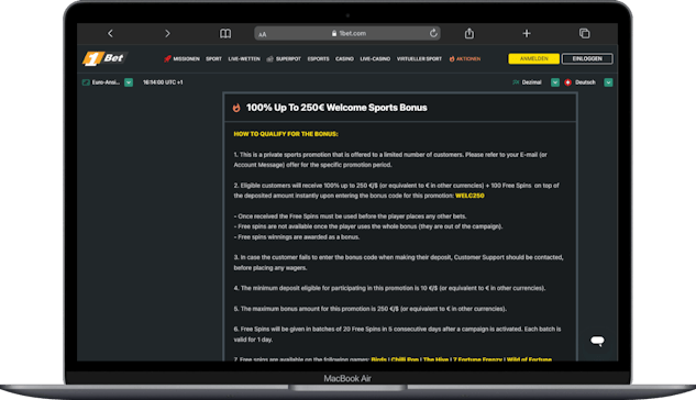 1bet Wettbonus Schweiz 250 Euro 100 Freespins