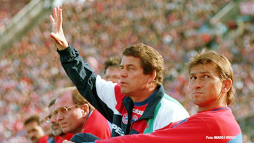 Otto Rehhagel und Klaus Augenthaler vom FC Bayern Muenchen im September 1995